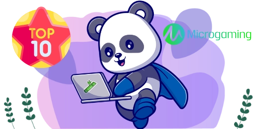 Superheld-Panda mit blauem Umhang, der einen Laptop hält, neben einem 'Top 10'-Stern und dem Microgaming-Logo, umgeben von grünen Pflanzen.