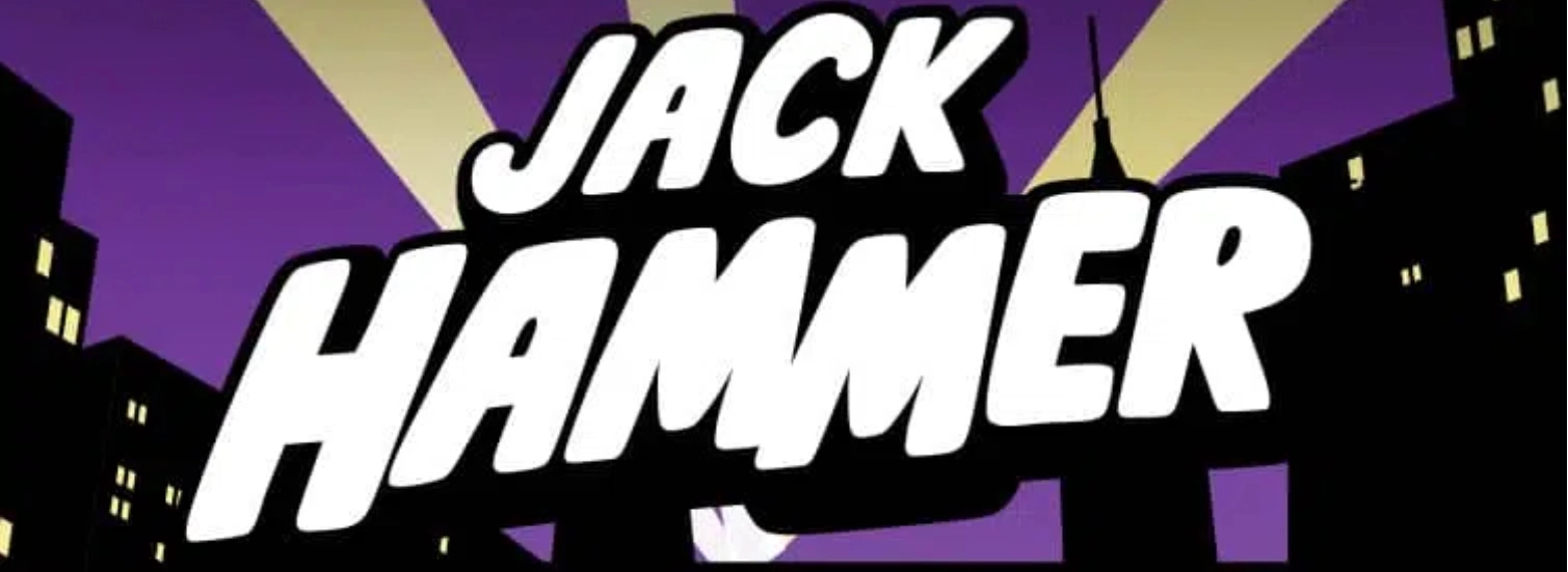 Logo mit dem Schriftzug „Jack Hammer“ in fetter, weißer Schrift vor einem violetten Himmel mit gelben Lichtstrahlen und einer Stadtsilhouette im Comic-Stil.