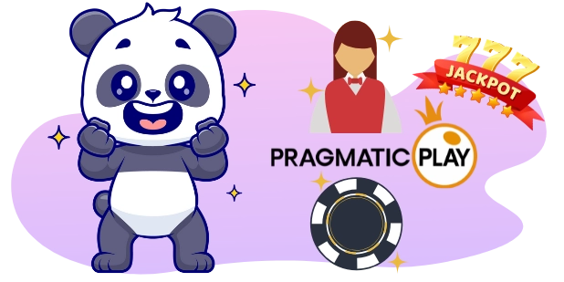 Ein Cartoon-Panda feiert mit erhobenen Armen neben einem Casino-Dealer und dem "Pragmatic Play"-Logo, das "777 Jackpot" und fünf Sterne zeigt, was auf einen großen Gewinn und eine positive Spielerfahrung hinweist.