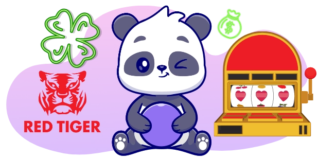 Ein Cartoon-Panda zwinkert und hält einen lila Ball, im Hintergrund sind das Red Tiger-Logo, ein vierblättriges Kleeblatt, ein Geldsack und ein Spielautomaten mit Herzsymbolen zu sehen.