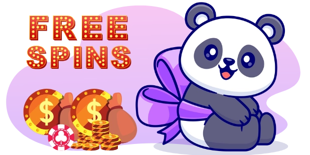 Ein Cartoon-Panda sitzt mit einer lila Schleife umgebunden neben den Worten "FREE SPINS" und einem Stapel Münzen, was auf einen Casino-Bonus oder eine Promotion hinweist.