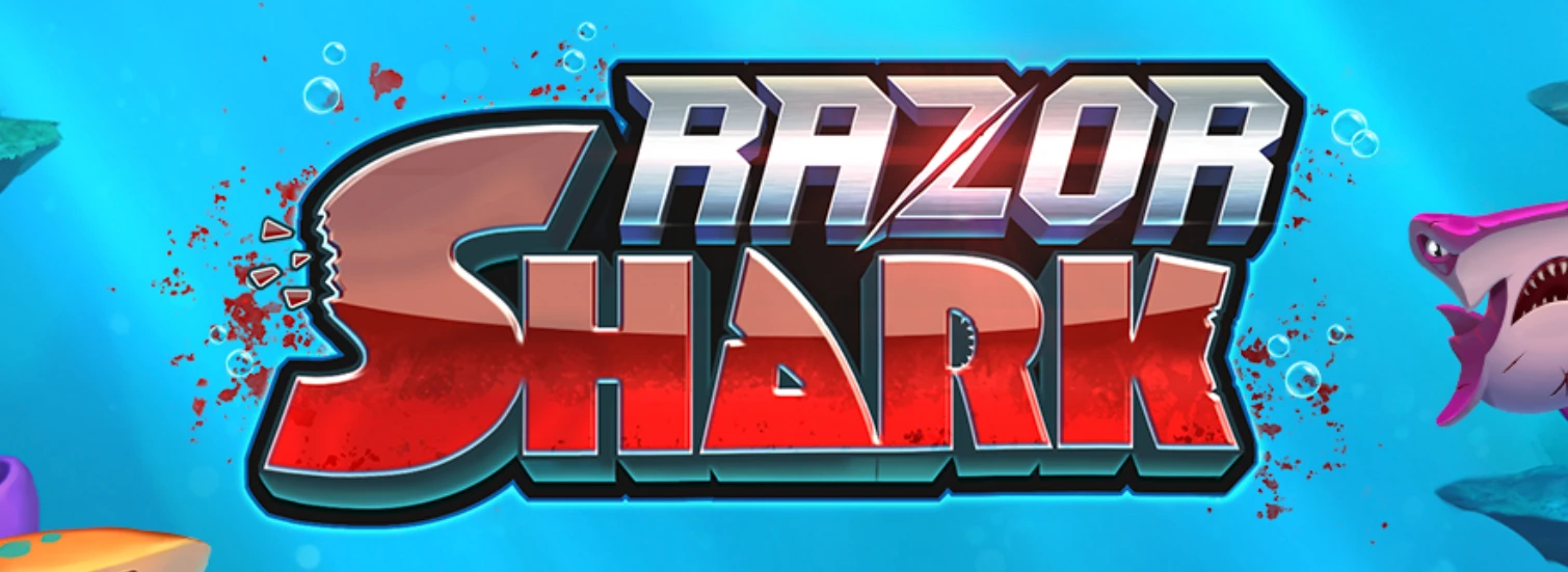 Logo mit dem Schriftzug „Razor Shark“ in silberner und roter Schrift, umgeben von Blutspritzern und Luftblasen, vor einem blauen Unterwasserhintergrund mit Haien und Korallen.