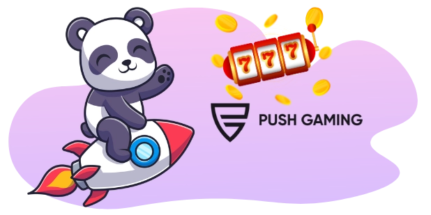 Ein niedlicher Panda, der auf einer Rakete in Richtung eines Spielautomaten mit 777 fliegt, mit dem Push Gaming-Logo sichtbar, was auf aufregende und lohnende Push Gaming-Slots hinweist.