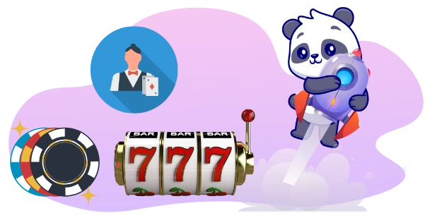 Ein Cartoon-Panda mit einem Jetpack fliegt auf einen Spielautomaten zu, auf dessen Bildschirm "777" angezeigt wird, während im Hintergrund ein Casino-Dealer-Icon und Pokerchips zu sehen sind, was auf aufregende Casino-Spiele und mögliche Gewinne hinweist.