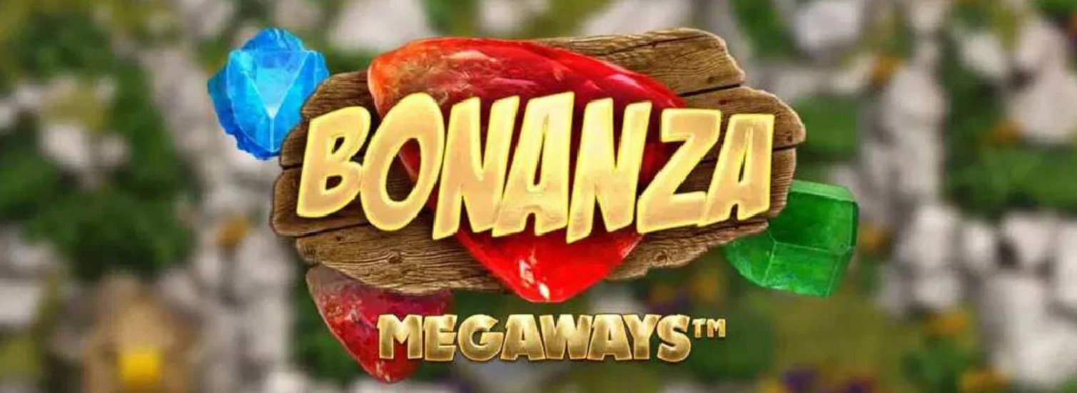 Logo mit dem Schriftzug „Bonanza“ in goldener Schrift auf einem Holzschild, umgeben von Edelsteinen, und „Megaways™“ darunter, vor einem grünen Hintergrund mit verschwommenen Details.