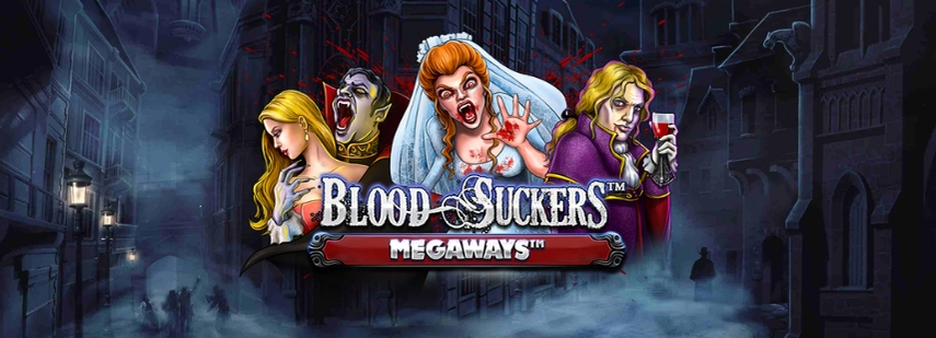 Ein dunkles und unheimliches Bild von Vampiren auf einer nebligen Straße, mit dem Titel "Blood Suckers Megaways" in einer blutigen Schriftart.