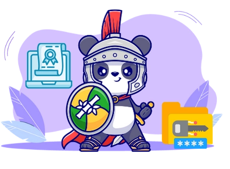 Happy panda cartoon character ensuring online safety, with a shield, a sword, and a folder with a lock.