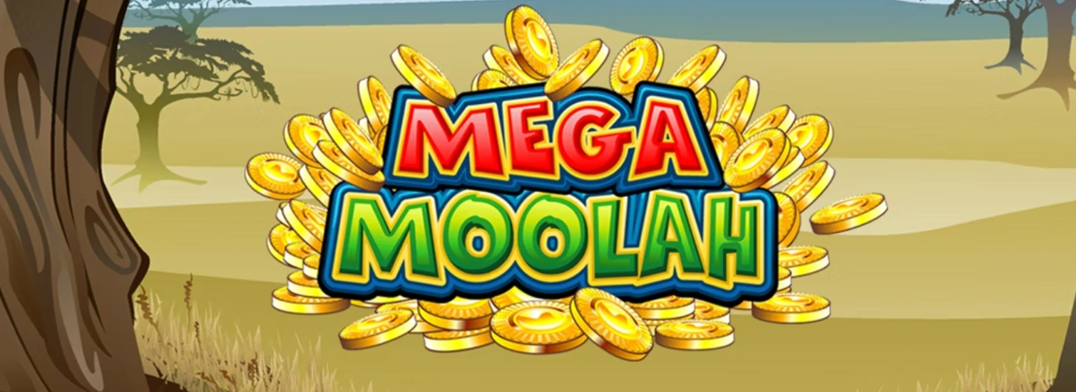 Logo von Mega Moolah in bunten Buchstaben, umgeben von glänzenden goldenen Münzen, mit einer afrikanischen Savannenlandschaft im Hintergrund.