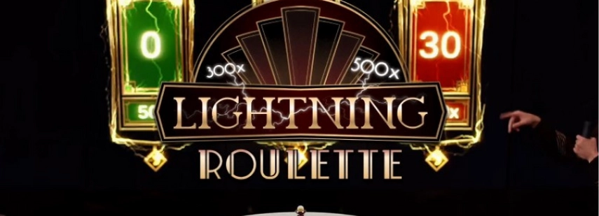 Das Lightning Roulette-Spiel-Logo, mit einem Roulette-Rad, Multiplikatoren und dem Spieltitel.