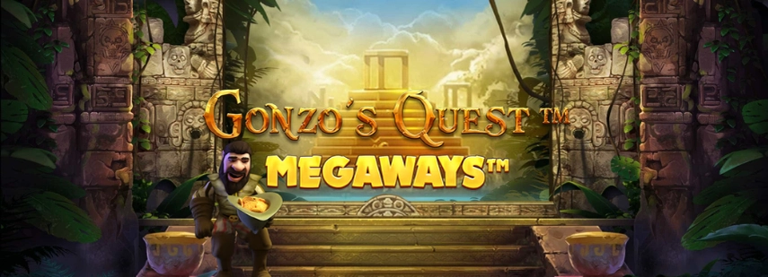 Eine Szene aus dem Spiel Gonzo's Quest Megaways, in der Gonzo vor einem antiken Tempel mit üppiger Vegetation steht. Der Spieltitel und das Logo sind deutlich sichtbar.