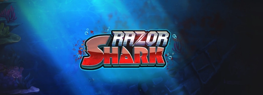 Das Logo für das Online-Slot-Spiel "Razor Shark" mit einem dunkelblauen Hintergrund und Blutspritzereffekten, das ein spannendes und potenziell gewalttätiges Unterwasser-Thema suggeriert.