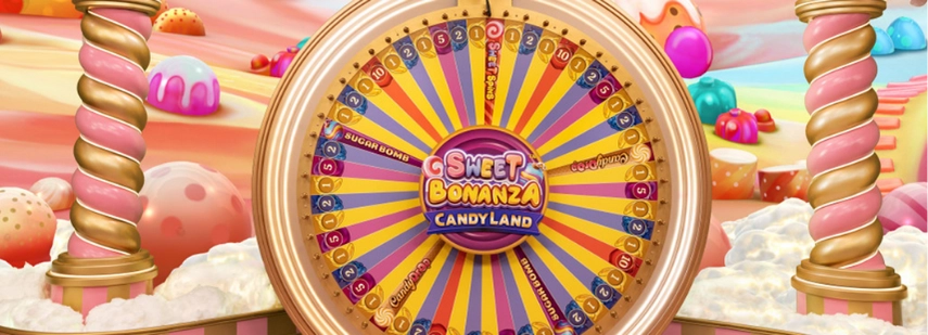 Ein bunter und verspielter Candy-Land-Themen-Slot-Automat mit einem großen Rad, das verschiedene Süßigkeiten-Symbole und Multiplikatoren zeigt.