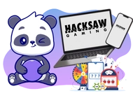 Cartoon panda character with laptop, phone, playing cards, roulette wheel, and slot machine icon.