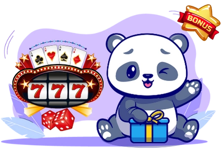 Cute panda cartoon character holding a gift box, with a slot machine showing 