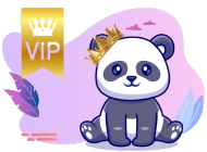 Ein lächelnder Panda mit einer goldenen Krone sitzt vor einem lila Hintergrund. Links oben ist ein goldenes VIP-Banner mit einer Krone abgebildet.