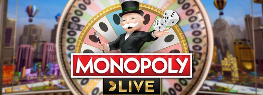 Das Monopoly Live-Spiel-Logo, mit Mr. Monopoly und einem Drehrad.