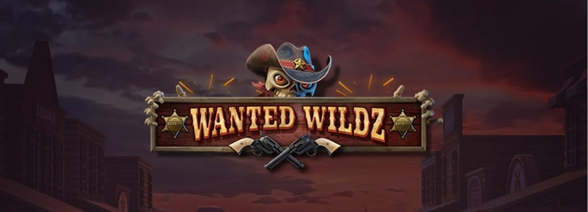 Ein Wild-West-Themenbild mit dem Titel "WANTED WILDZ" in fetten Buchstaben, begleitet von zwei gekreuzten Revolvern und einem Sheriff's-Abzeichen. Der Hintergrund zeigt einen dunklen, stürmischen Himmel über einer verlassenen Stadt.