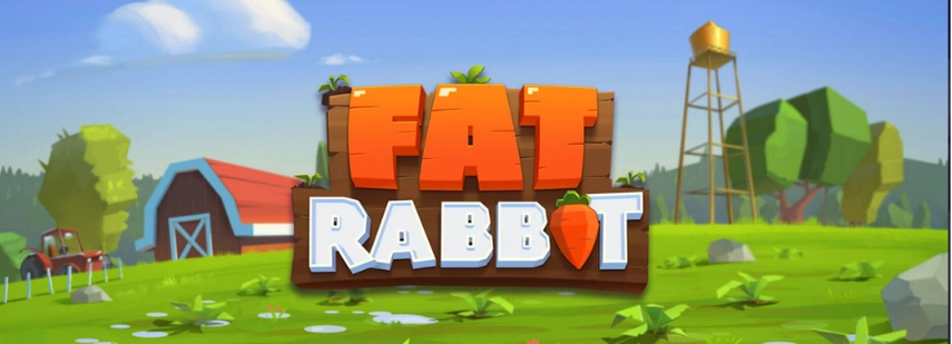 Das Logo für das Spiel "Fat Rabbit" mit einer Cartoon-Bauernhofszene im Hintergrund, einschließlich einer Scheune, einem Wasserturm und einem Traktor.