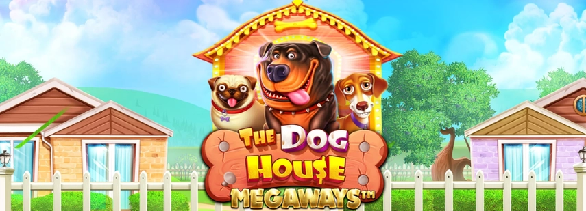 Ein lustiges und verspieltes Bild für das Spielautomaten-Spiel "The Dog House Megaways", mit Cartoon-Hunden, die sich verspielt vor ihren Hundehütten aufhalten.