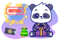 Cartoon panda character with gift, bonus bag, coins, and a VIP card on a purple background.