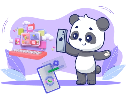 Cute panda cartoon character using a smartphone, with icons representing app development, UI/UX design, and responsive design, suggesting a focus on mobile app development and design.