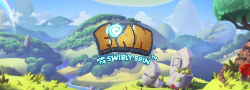 Der Titelschirm des Spielautomaten Finn and the Swirly Spin, mit einer fantasievollen Landschaft und dem Spiel-Logo.