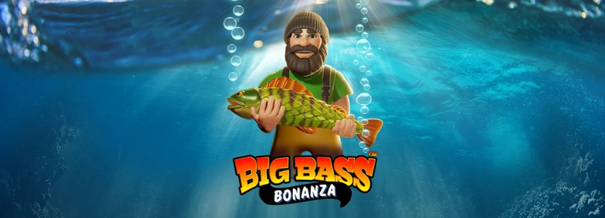 Ein Fischer hält einen großen Fisch unter Wasser, mit dem Titel "Big Bass Bonanza", der gut sichtbar angezeigt wird.