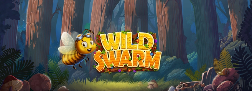 Das Logo für das Online-Slot-Spiel "Wild Swarm" mit einer Cartoon-Biene, die eine Schutzbrille trägt und vor einem Waldhintergrund fliegt.