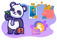 Cartoon panda holding cash, with phone showing credit card, and overflowing wallet icon.