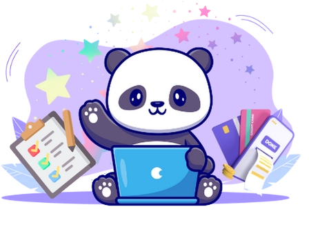 Playful panda cartoon completing tasks, with a laptop, a checklist, and credit cards.