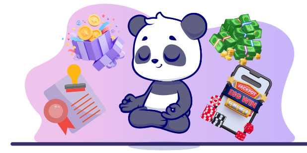 Happy panda cartoon character enjoying the excitement of online casinos, with casino chips, a gift box, and a jackpot sign.