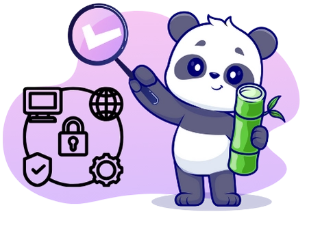 Ein süßer Panda, der eine Lupe mit einem Häkchen und einen Bambusstock hält, umgeben von Symbolen für Sicherheit, Datenschutz und Datensicherheit, die einen Fokus auf Online-Sicherheit und Privatsphäre andeuten.