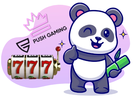 Ein verspielter Panda, der hochwertige Push Gaming-Slots bewirbt, mit einer Krone und einem Spielautomaten mit 777.