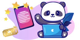 Fröhlicher Panda mit Laptop auf dem Schoß, daneben ein Smartphone mit Sternen und einem goldenen Ticket, vor einem violetten Hintergrund.