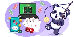 Cartoon panda fishing for a coin, with laptop displaying a casino game, tablet, cards, and dice.