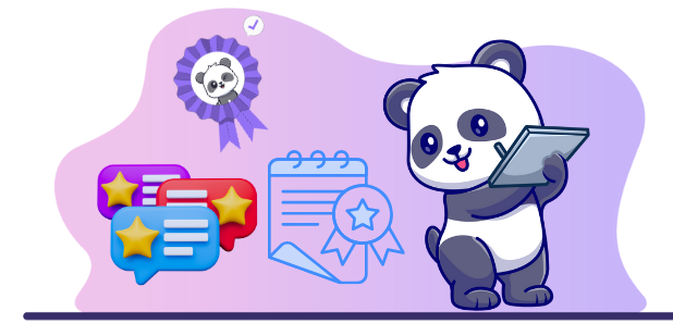 Cute panda cartoon character writing on a notepad, surrounded by positive reviews and a medal, suggesting a focus on customer feedback and satisfaction.