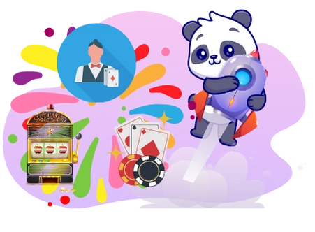 Verspielter Panda, der Online-Casinospiele bewirbt, mit Spielkarten, einem Spielautomaten, einem Croupier-Symbol und einer Rakete.