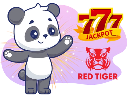 Ein Cartoon-Panda sieht aufgeregt aus, mit erhobenen Armen, und steht vor einem 777 Jackpot-Symbol und dem Red Tiger-Logo.