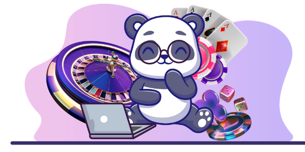 Happy panda cartoon character enjoying the excitement of online casinos, with a laptop, playing cards, and a roulette wheel.