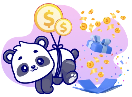 Ein Cartoon-Panda schwebt mit Dollarzeichen-Ballons, die an seinem Rücken befestigt sind, und fliegt über eine Geschenkschachtel, aus der Münzen und Konfetti herausfallen.