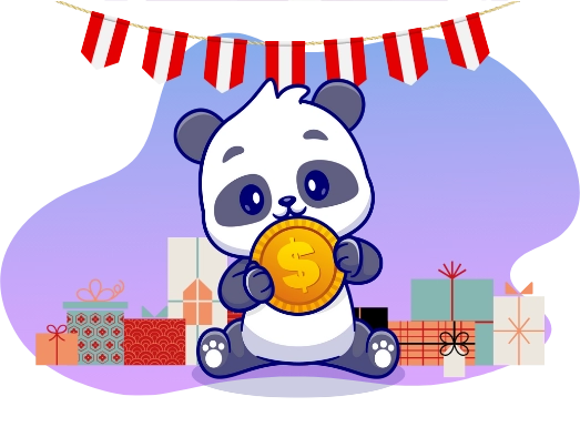 Fröhlicher Panda, der eine goldene Münze mit Dollarzeichen hält, im Hintergrund Geschenke und Girlanden mit der österreichischen Flagge.