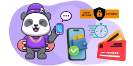 Cartoon panda with mobile payment and security symbols.