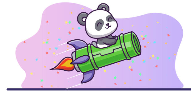 Cute panda cartoon character riding a rocket through space, suggesting a focus on fast speed, innovation, and reaching new heights.