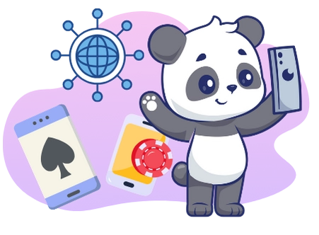 Verspielter Panda, der mobiles Casinospielen bewirbt, mit Smartphones, einem Pokerchip und einem Globus.