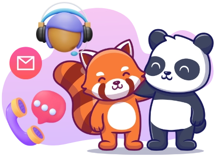 Ein niedlicher roter Panda und Panda mit einem Headset, umgeben von Icons für E-Mail, Chat und Telefonanrufe, was auf Kundenservice und Kommunikation hinweist.