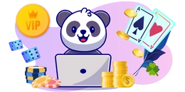 Panda vor einem Laptop, umgeben von Spielkarten, Münzen, Würfeln, Pokerchips und einem VIP-Symbol, auf einem violetten Hintergrund.