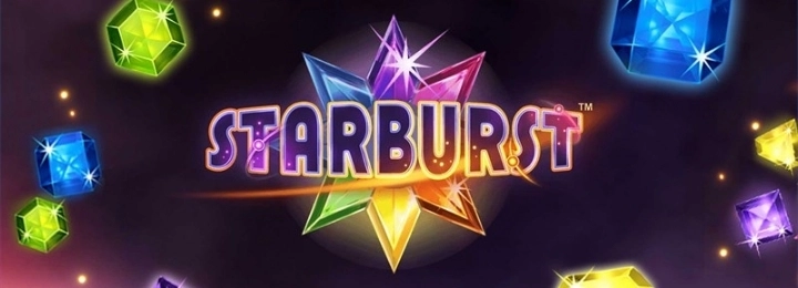 Logo des Starburst-Slotspiels mit bunten Edelsteinen, das lebendige Farben und aufregendes Gameplay symbolisiert.