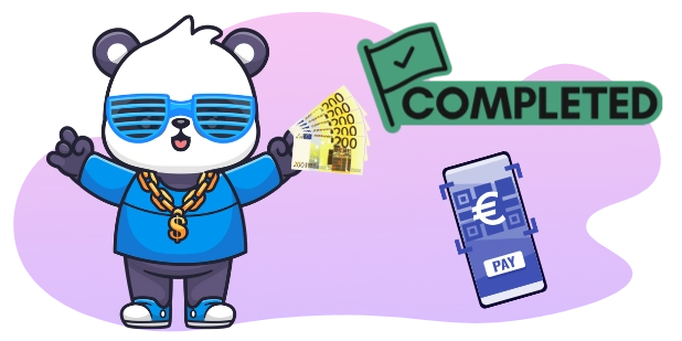 Ein cooler Panda, der Sonnenbrillen und eine goldene Kette trägt, Euro-Banknoten hält, mit einem "ABGESCHLOSSEN"-Schild und einem Smartphone, das einen QR-Code zeigt, was auf erfolgreiche Online-Transaktionen hinweist.