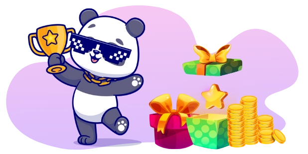 Ein cooler Panda, der Sonnenbrillen und eine goldene Kette trägt, einen Pokal hält, mit Geschenkschachteln und Münzen, was auf Online-Casino-Boni und Belohnungen hinweist.