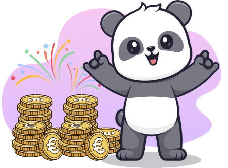 Ein süßer Panda, der mit Feuerwerken und Stapeln von Euro-Münzen feiert, was auf finanziellen Erfolg oder Online-Casino-Gewinne hinweist.